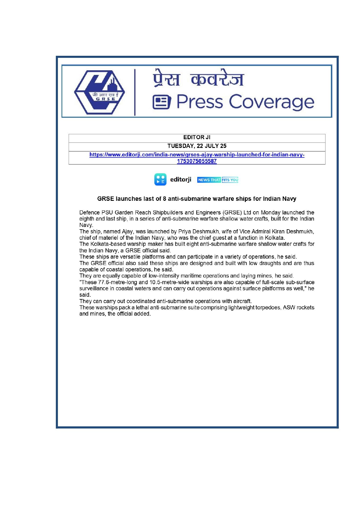 Press Coverage :  Anti-submarine Warfare Ship,Ajay,Launched in Kolkata